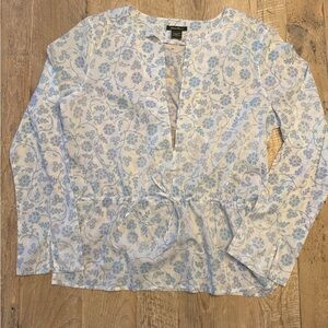 Eddie Bauer Floral Blue and White Women's Top Tie Waist L